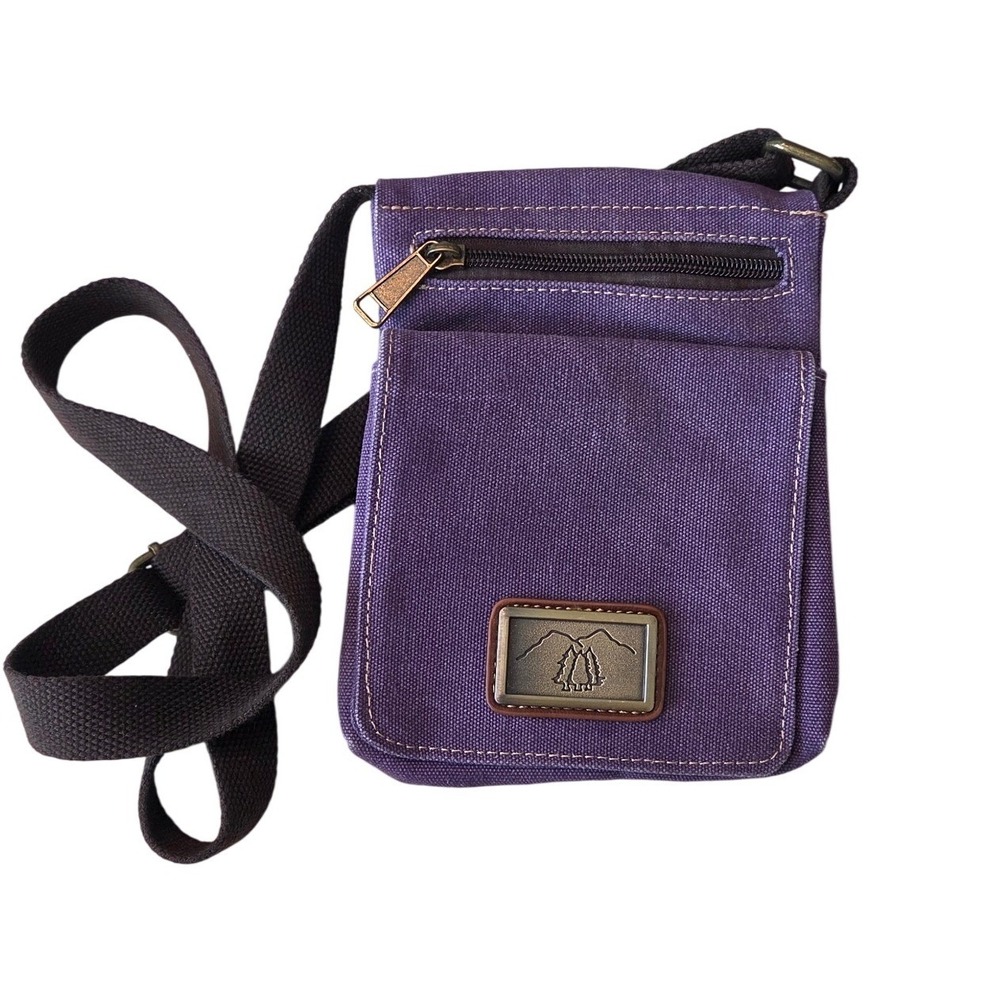 Purple Canvas Crossbody Bag With Zip Pocket And Metal Emblem